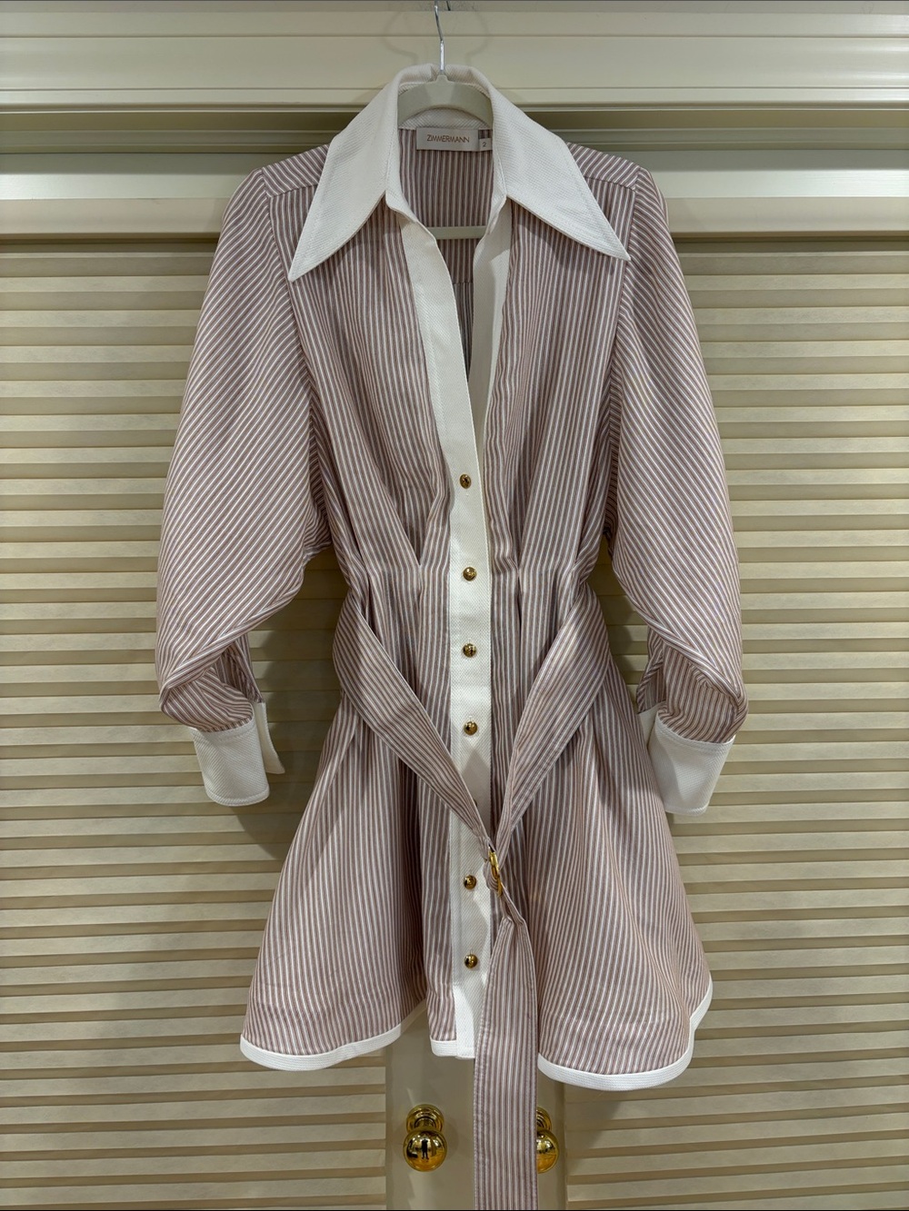 NWOT Zimmermann Striped Cream and Blush Belted Shirt Dress, Size AU 0/1/2